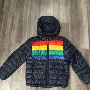 Primary Dark Blue Puffer with Colorful Stripes